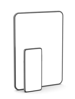 Smartphone and tablet computer with blank displays on white background