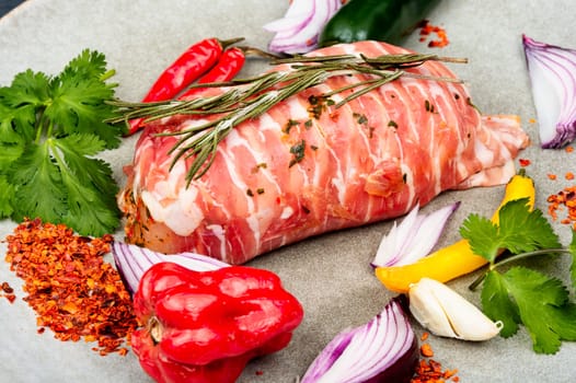 Chicken breast fillet, ingredients and spices for cooking. Roulade of meat
