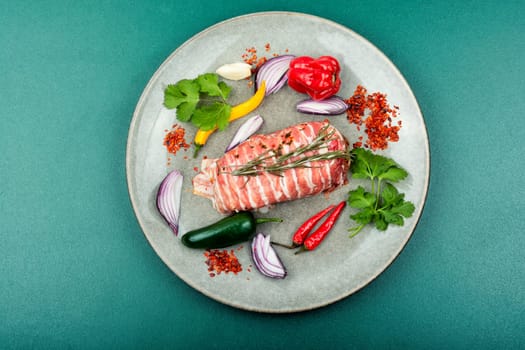 Chicken breast fillet, ingredients and spices for cooking. Roulade of meat