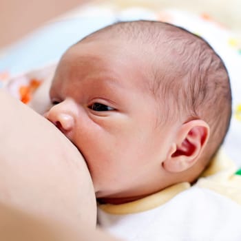 Breastfeeding one week old baby boy, close-up shot