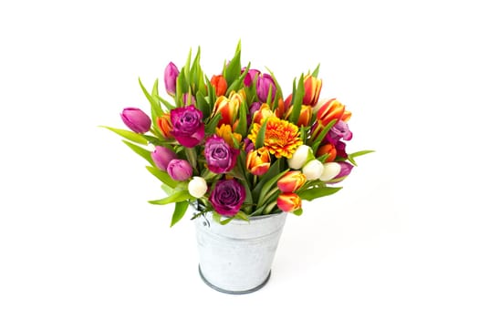 flowers in a bucket on white background