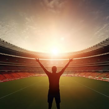 A football fan supports his favorite team at a stadium. cheering fan silhouette, sport game concept champion