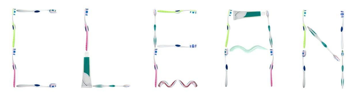Clean word made of toothbrushes and toothpaste