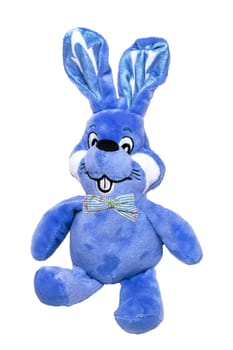 A cute blue plush bunny or rabbit with bow tie isolated on a white background. Easter greeting card decoration element with space for design. Bright plush toy.