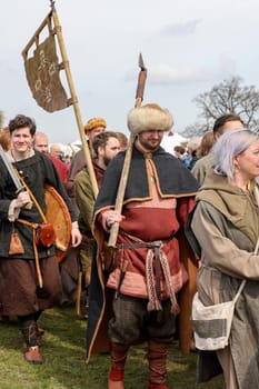 Krakow, Poland - April 11, 2023: Unidentified participants of Rekawka - Polish tradition, celebrated in Krakow on Tuesday after Easter. Currently has the character of festival historical reconstruction
