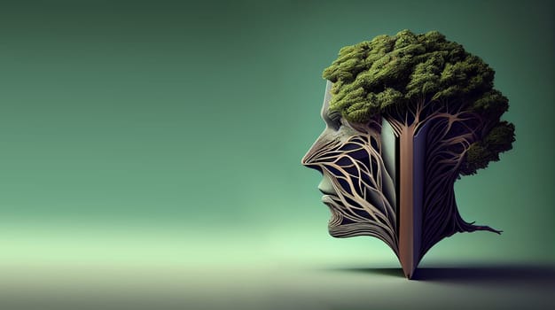 Brain tree grows from the book, education and mind growth concept, learning new skills, have wisdom and knowledge, generative AI