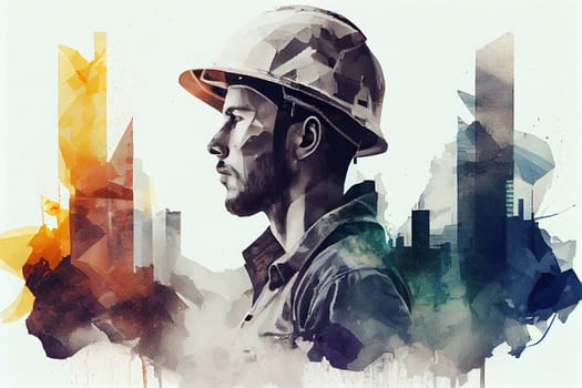 Construction worker, building engineer or architect wearing a helmet, double exposure with cityscape, planning houses and infrastructure, generative AI