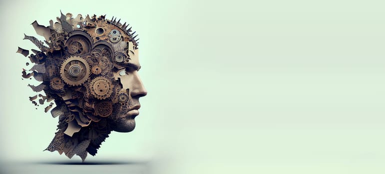 Man with cogwheels brain, brainstorming and creativity concept, gear wheels rotation in artificial intelligence, engineering mind, generative AI