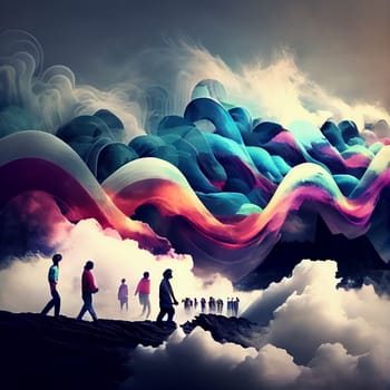 People walking on the road, colorful creative cloud above, future vision, positive optimistic thinking, state of mind, generative AI