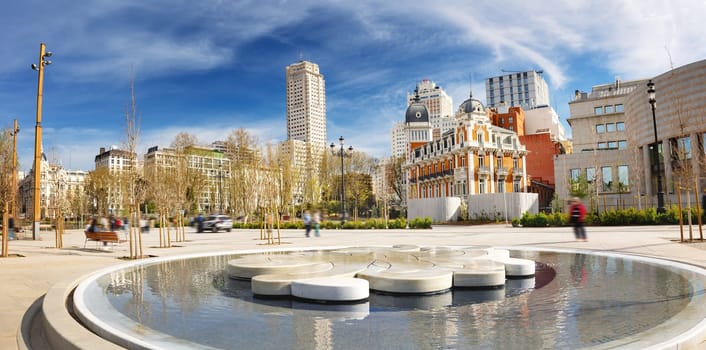 Beautiful background of the Fuente del Cielo in Madrid, Spain. Plaza de Espana.