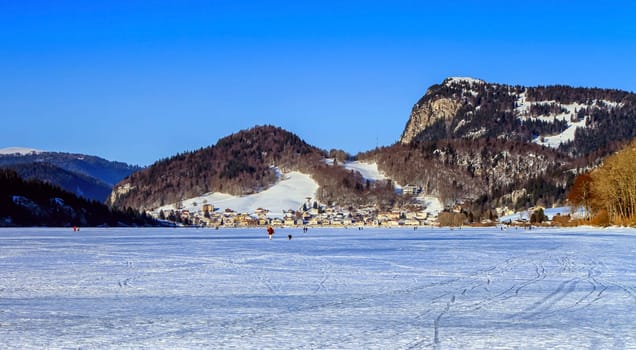 Frozen lake of Joux by day, Vaud, Switzelrand