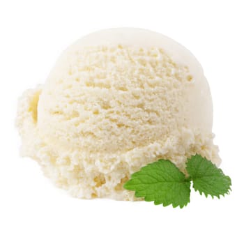 vanilla ice cream with mint leaf on white background