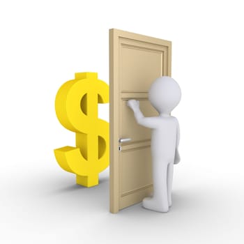 Person is knocking at a door with a dollar symbol behind it