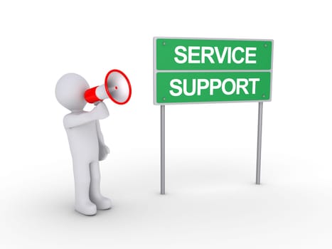 Person is shouting through a megaphone next to a Service and Support sign