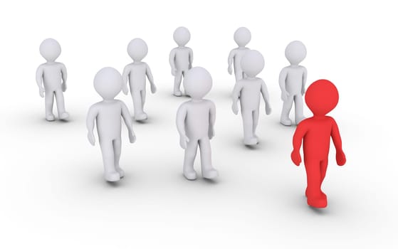 A group of people are walking and in front is the leader