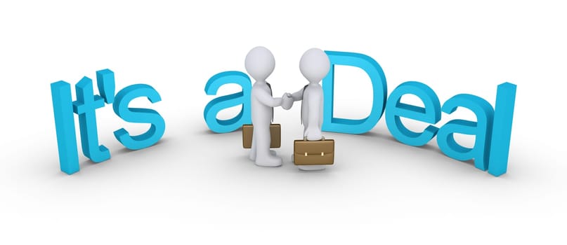 Businessmen shake hands in the middle of the surrounding words, It is a Deal