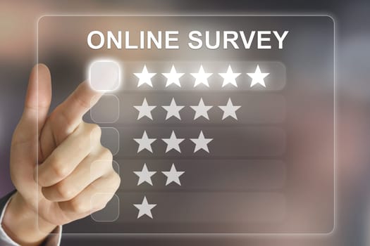 business hand clicking online survey on virtual screen interface