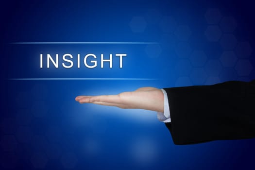 insight button with business hand on blue background