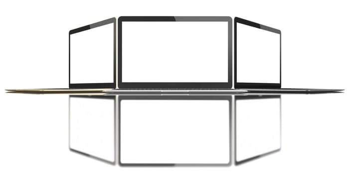 The new Laptop is thinner and lighter with blank white screen. Isolated on white background