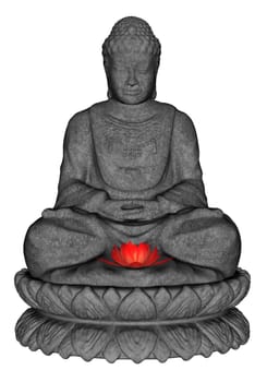 Stone buddha meditating and small lotus flower isolated in white background - 3D render