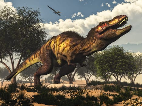 Tyrannosaurus rex standing upon its eggs to protect them by day, next to tamaris trees and onychiopsis plants - 3D render