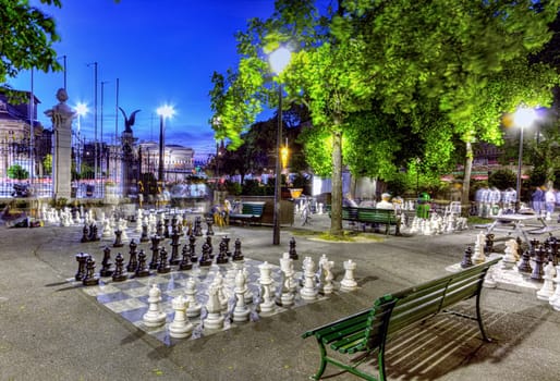 Outdoor chessgame, Bastions park by night in Geneva, Switzerland, HDR