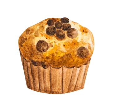 Muffin chocolate chip. Watercolor hand drawn illustration isolated on white background