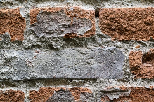 A detailed view of a slightly weathered brick wall. Texture of a brick wall.