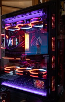 Milan, Italy 11 april 2023: High-end gaming computer setup with LED lighting for an immersive gaming experience.