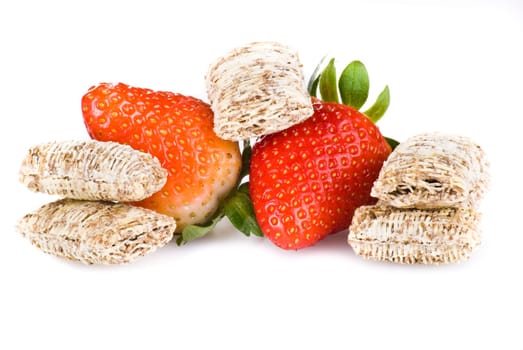 Wheat cereal with strawberries over white background - isolated