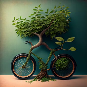 Bicycle growing from a tree, eco and environment concept, sustainable transport and travel, earth day, generative AI