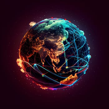 World connected by the internet, planet earth with wires, cyberspace and technology concept, generative AI