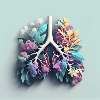 Lung with flowers for fresh healthy breathing air, environment concept, connect to nature, generative AI