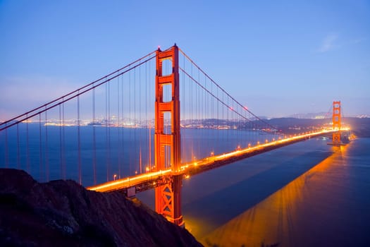 Golden Gate Bridge at Night with San Francisco Skyline, long exposure