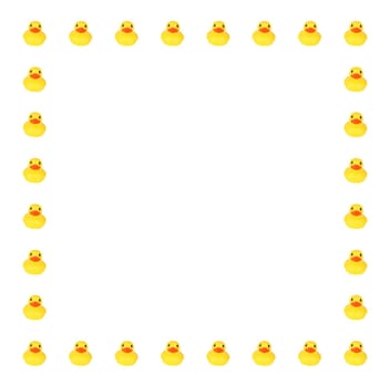 Toy ducks in row border on white background