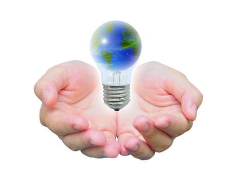 the world in light bulb on women hand