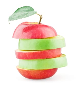 Mixed slices of red and green apple on white background
