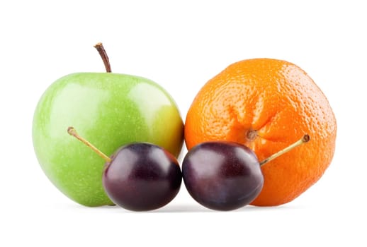 Apple, orange and two plums on white background