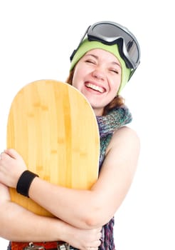 Woman with snowboard. Isolated over white.
