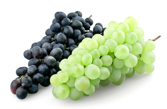 Bunches of black and green grapes isolated on white background