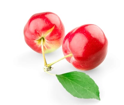 Two sweet apples with leaf isolated on white background
