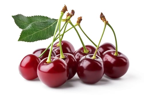 Juicy cherries with leaf isolated on white background