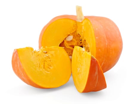Fresh pumpkin and two slices isolated on white background