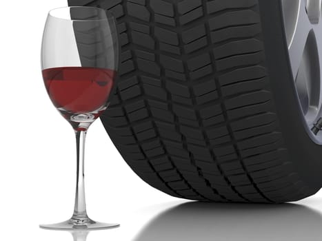 Wine glass with a car wheel in the back ground