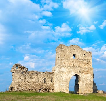 Spring view of ancient castle ruins ( Kremenets city , Ternopil Region, Ukraine). Built in 12th century.