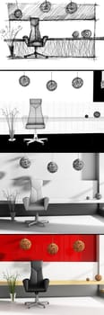 Creation stages, a modern interior of house space.