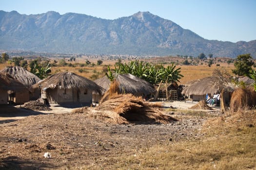 View of  an African village with small huts