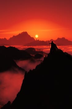 A fantasy image with a man watching to the far city and the sunset in red