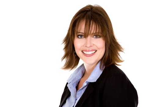 pretty brunette wearing business outfit on white background