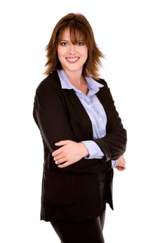 pretty brunette wearing business outfit on white background